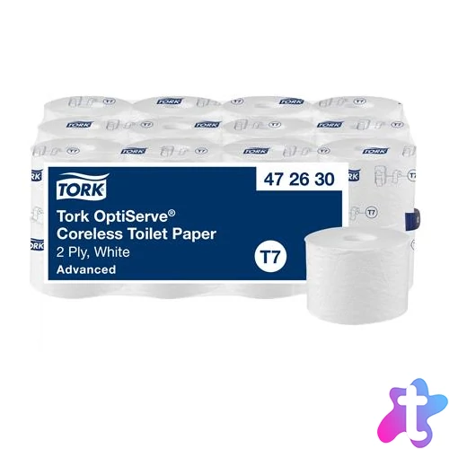 Toalettpapír, belsőmag nélküli, T7 rendszer, 2 rétegű, 13,1 cm átmérő, Advanced, TORK "OptiServe", fehér