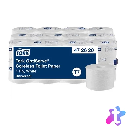 Toalettpapír, belsőmag nélküli, T7 rendszer, 1 rétegű, 13,1 cm átmérő, Universal, TORK "OptiServe", fehér