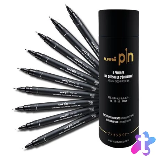 Rajzmarker készlet, UNI PIN "Tube", 9 különböző vonalvastagság, fekete