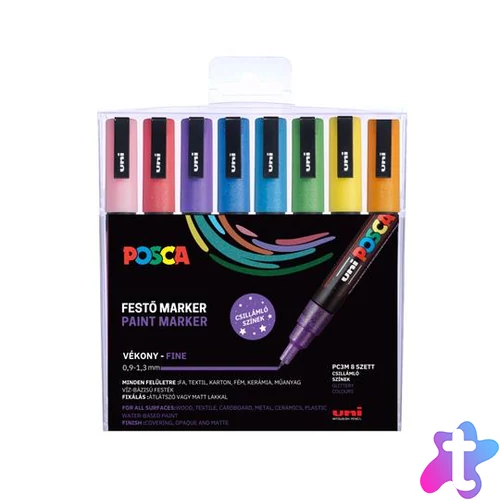 Dekormarker készlet, 0,9-1,3 mm, UNI "Posca PC-3ML", 8 különböző csillogó szín