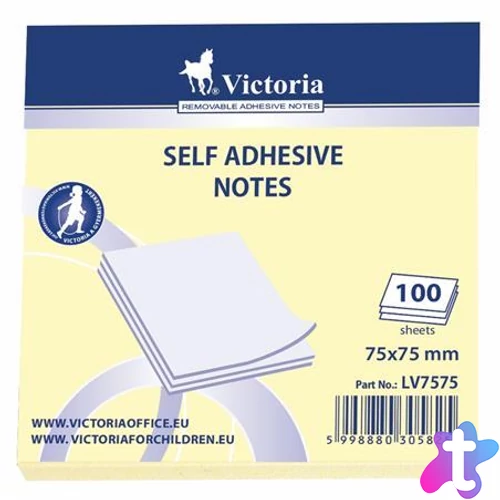 Öntapadó jegyzettömb, 75x75 mm, 100 lap, VICTORIA OFFICE, sárga