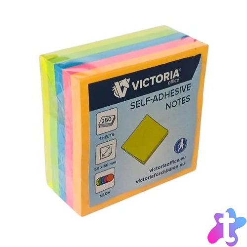 Öntapadó jegyzettömb, 50x50 mm, 250 lap, VICTORIA OFFICE, neon