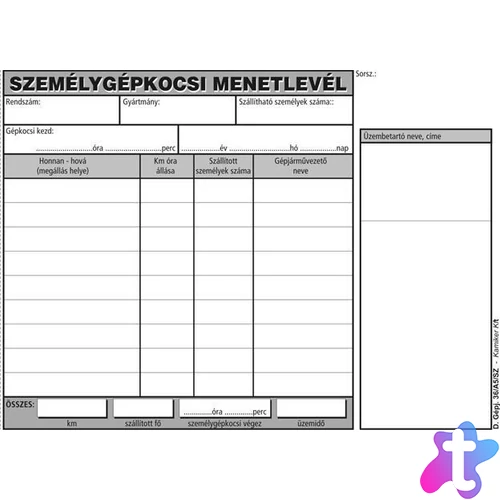 Nyomtatvány, menetlevél, személygépkocsi, 100 lap, A5, fekvő, VICTORIA PAPER, "D.GÉPJ.36.", 10 tömb/csomag