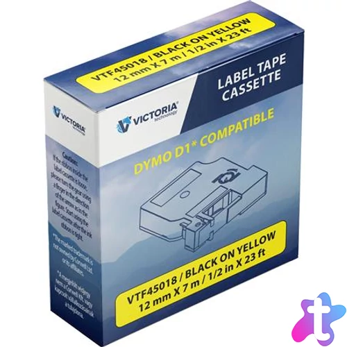 Feliratozógép szalag, 12 mm x 7 m, VICTORIA TECHNOLOGY, sárga-fekete