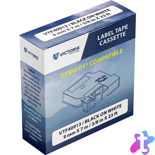 Feliratozógép szalag, 9 mm x 7 m, VICTORIA TECHNOLOGY, fehér-fekete