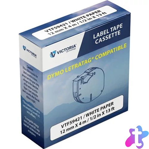 Feliratozógép szalag, papír, 12 mm x 4 m, VICTORIA TECHNOLOGY, fehér