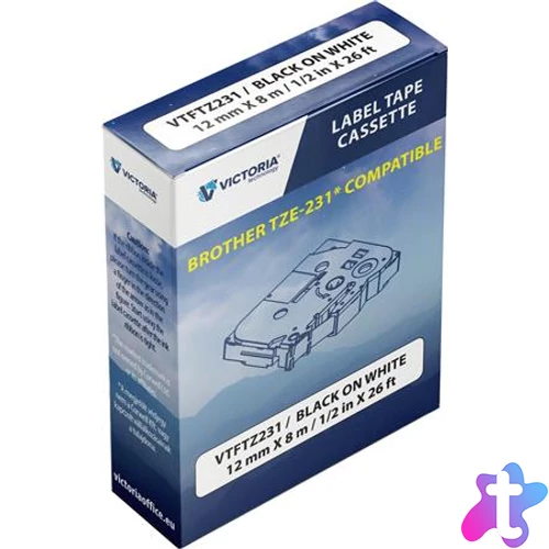 Feliratozógép szalag, 12 mm x 8 m, VICTORIA TECHNOLOGY, fehér-fekete