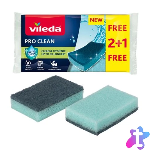 Mosogatószivacs, 2+1 db, VILEDA "Pro Clean", kék