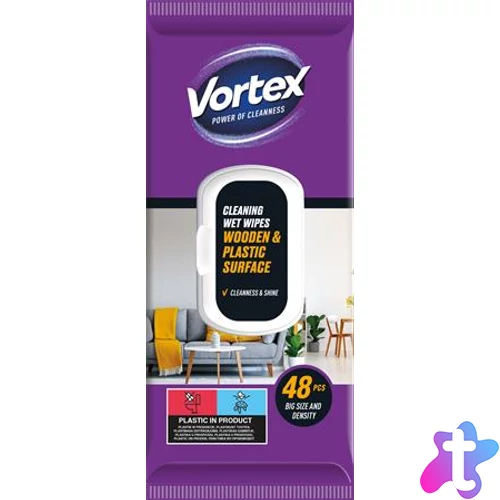 Nedves törlőkendő, fa- és műanyag felületre, 48 db, VORTEX