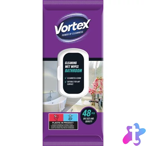 Nedves törlőkendő, fürdőszobai, 48 db, VORTEX
