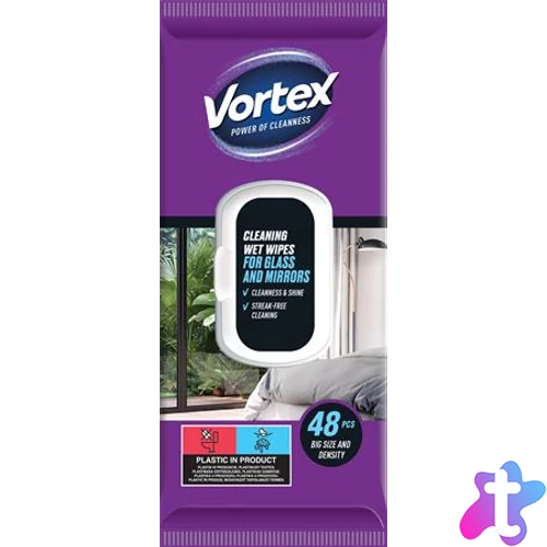 Nedves törlőkendő, üveg- és tükör felületre, visszazárható tetővel, 48 db, VORTEX