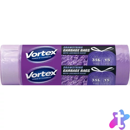 Szemeteszsák, zárószalagos, 35 l, 15 db, 50x60 cm, HDPE, 15 µ, VORTEX, levendula illattal