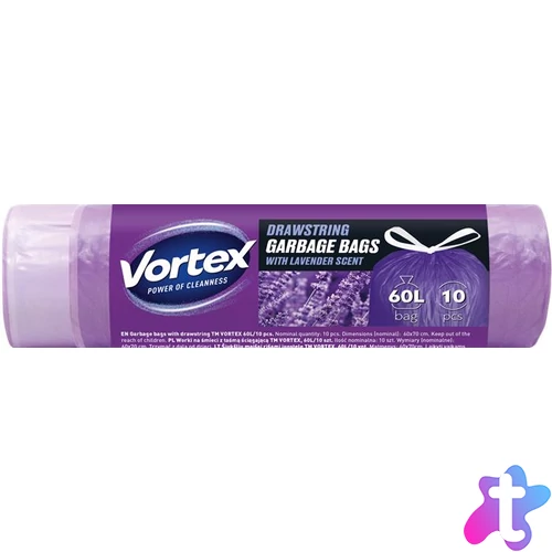 Szemeteszsák, zárószalagos, 60 l, 10 db, 60x70 cm, HDPE, 15 µ, VORTEX, levendula illattal