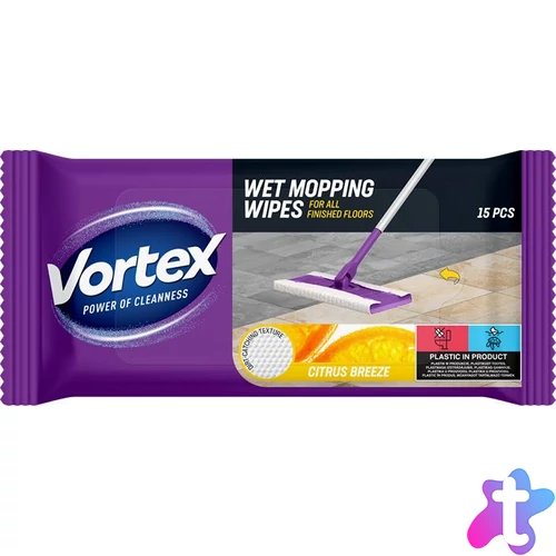 Nedves padlótörlő kendő, 15 db, VORTEX, citrom ilattal