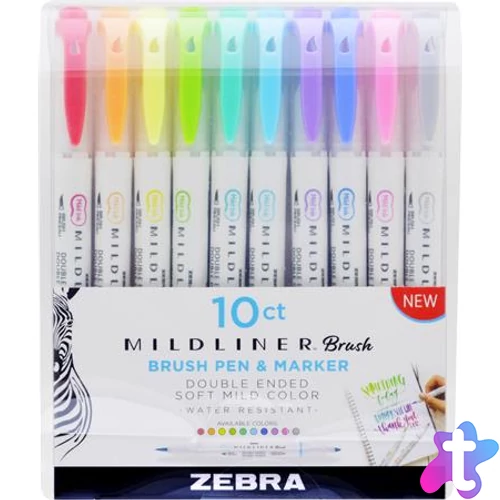 Ecsetirón készlet, 0,5/0,7 mm, kétvégű, ZEBRA "Mildliner Brush&Marker", 10 különböző szín