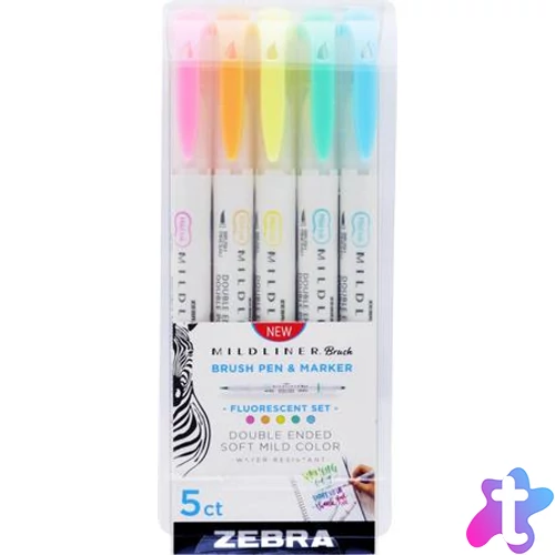 Ecsetirón készlet, kétvégű ZEBRA "Mildliner Fluorescent", 5 szín