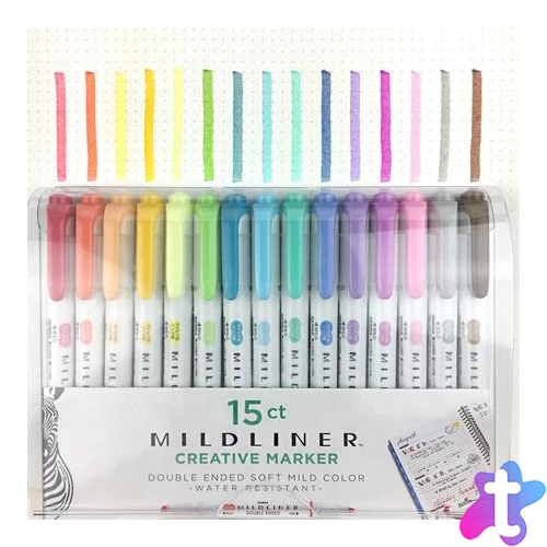 Szövegkiemelő készlet, 1,4/4 mm, kétvégű, ZEBRA "Mildliner Highlighter", 15 különböző szín