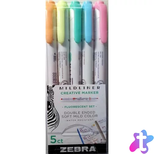 Szövegkiemelő készlet, 1,4/4,0 mm, kétvégű, ZEBRA "Mildliner Fluorescent", 5 szín