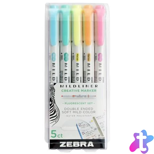 Szövegkiemelő készlet, 1,4/4,0 mm, kétvégű, ZEBRA "Mildliner Fluorescent", 5 szín