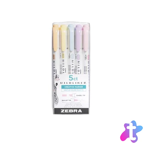 Szövegkiemelő készlet, 1,4/4 mm, kétvégű, ZEBRA "Mildliner Highlighter Gentle", 5 különböző szín