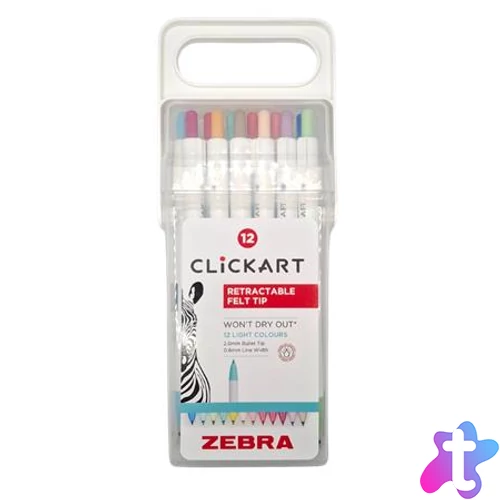 Filctoll készlet, nyomógombos, 0,6 mm, ZEBRA "Clickart" 12 különböző pasztell szín