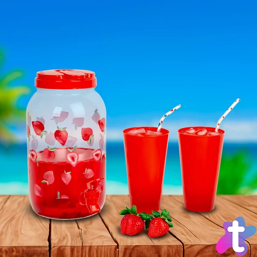 Italadagoló csappal, műanyag pohárszettel, 3,8 l, epres