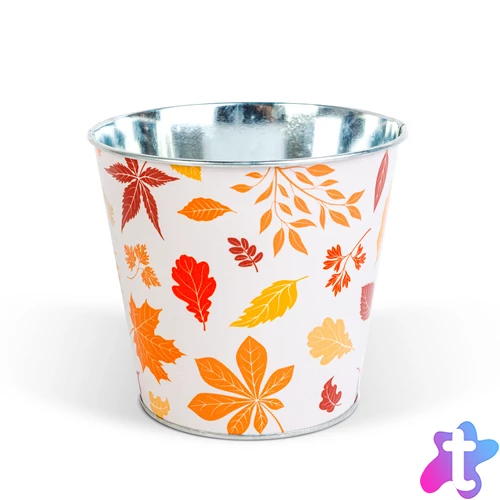 Őszi dekoráció - fém kaspó, vödör - leveles - 15 x 13,7 cm