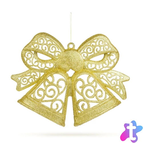 Karácsonyi dekoráció, masni, akasztható, glitteres arany, 35 cm