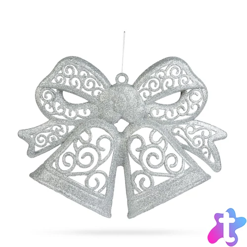 Karácsonyi dekoráció, masni, akasztható, ezüst, 35 cm