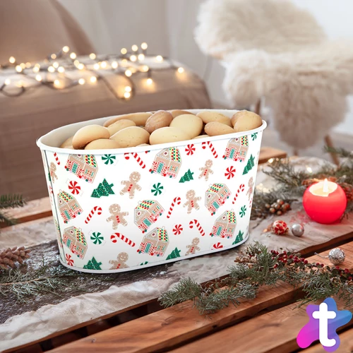 Karácsonyi fém kosár - házikó mintás - 19 x 11,5 x 9,5 cm
