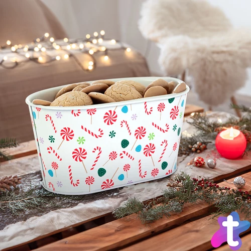 Karácsonyi fém kosár - cukorbot mintás - 19 x 11,5 x 9,5 cm