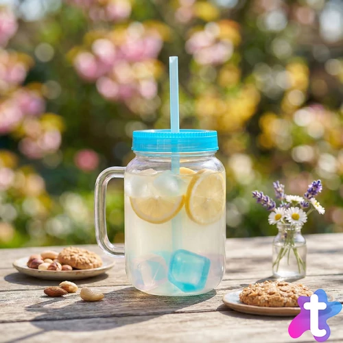 Szívószálas pohár - kék - 4 db hűthető jégkockával, 550ml,  17 x 7.5 x 13.5 cm