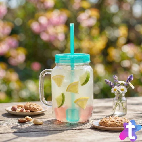 Szívószálas pohár - zöld - 4 db hűthető jégkockával, 550ml,  17 x 7.5 x 13.5 cm