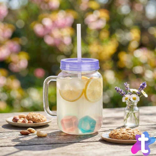 Szívószálas pohár - lila - 4 db hűthető jégkockával, 550ml,  17 x 7.5 x 13.5 cm