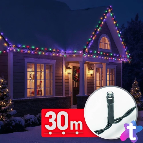 Fényfüzér, 30 m, színes, 600 LED, 220-240V, 6W, zöld kábel