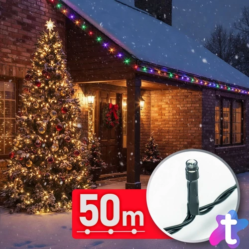 Fényfüzér, 50 m, színes, 1000 LED, 220-240V, 9W, átlátszó kábel