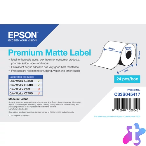 Premium Matte Label - Continuous Roll: 51mm x 35m tintával kompatibilis termék<br>- Epson TM-C3400<br>- Epson TM-C3400 (012): USB, PS, ECW<br>- Epson TM-C3400 (032): Ethernet, PS, ECW<br>- Epson TM-C3400 - Ethernet (incl. NiceLabel