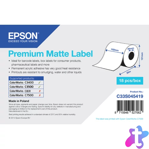 Premium Matte Label - Continuous Roll: 102mm x 35m tintával kompatibilis termék<br>- Epson TM-C3400<br>- Epson TM-C3400 (012): USB, PS, ECW<br>- Epson TM-C3400 (032): Ethernet, PS, ECW<br>- Epson TM-C3400 - Ethernet (incl. NiceLabe