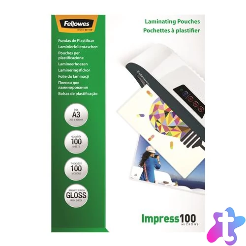 Meleglamináló fólia, 100 mikron, A3, fényes, 100 db, FELLOWES