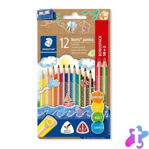 Noris® Jumbo 128 színes ceruza készlet, háromszögletű, vastag, hegyezővel, 10+2 szín