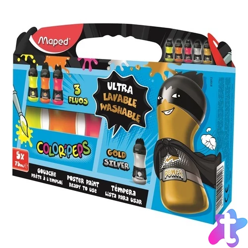 Ultra-washable tempera készlet, palackos, 5x75 ml, fluoreszkáló + metál színek