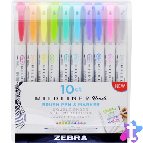 Ecsetirón készlet, 0,5/0,7 mm, kétvégű, ZEBRA "Mildliner Brush&Marker", 10 különböző szín