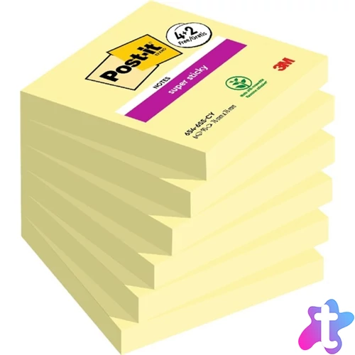 Öntapadó jegyzettömb, 76x76 mm, 6x90 lap, 3M POSTIT "Super Sticky", kanári sárga
