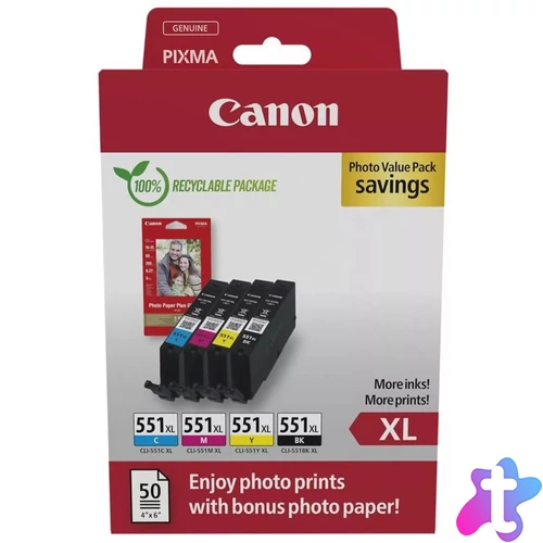 CLI-551XL Bk-C-M-Y (6443B006) tintapatron + fotópapír multipack, eredeti csomag