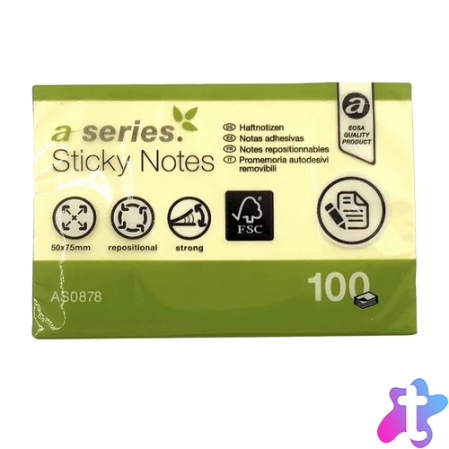 Jegyzettömb öntapadó 50x75mm 100lap A-Series sárga