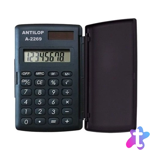 Zsebszámológép 8 digit fedeles napelemes gumírozott gombokkal Antilop A-2269