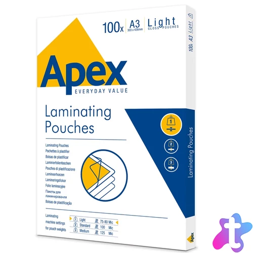 Lamináló fólia A3, 80 mic. 100 db/doboz, Apex Light