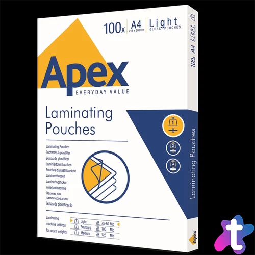 Lamináló fólia A4, 80 mic. 100 db/doboz, Apex Light