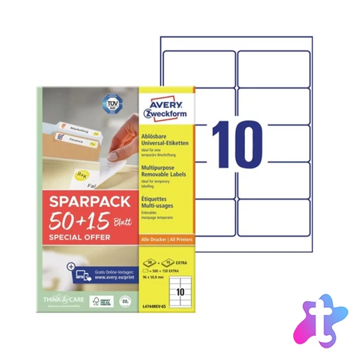 Etikett címke, 96x50,8 mm, univerzális, 65 lap, 10 címke/lap Avery, fehér
