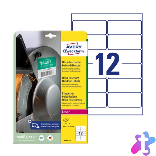 Etikett címke, 99,1 x42,3mm, ultra ellenálló 12 címke/ív, 10 ív/doboz, Avery fehér
